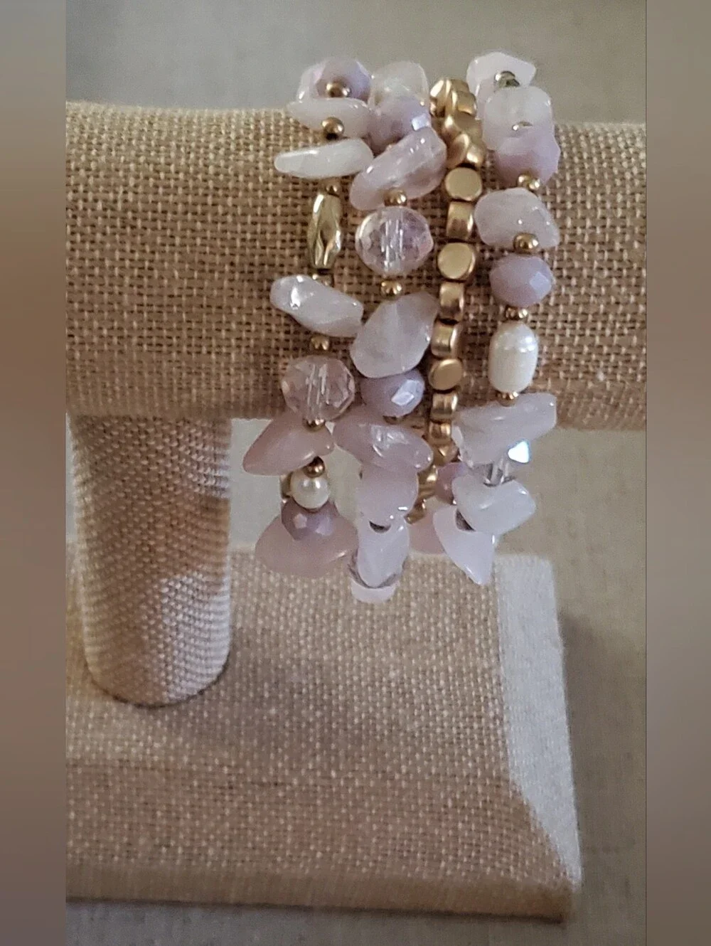 Multi Strand Rose Quartz Pearl Crystal Beaded Bracelet Gold Tone Boho Chic OS